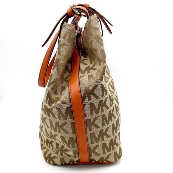 NEW MICHAEL Michael Kors Beige Tan Orange Signature Canvas & Leather Tote Large - Picture 3 of 16